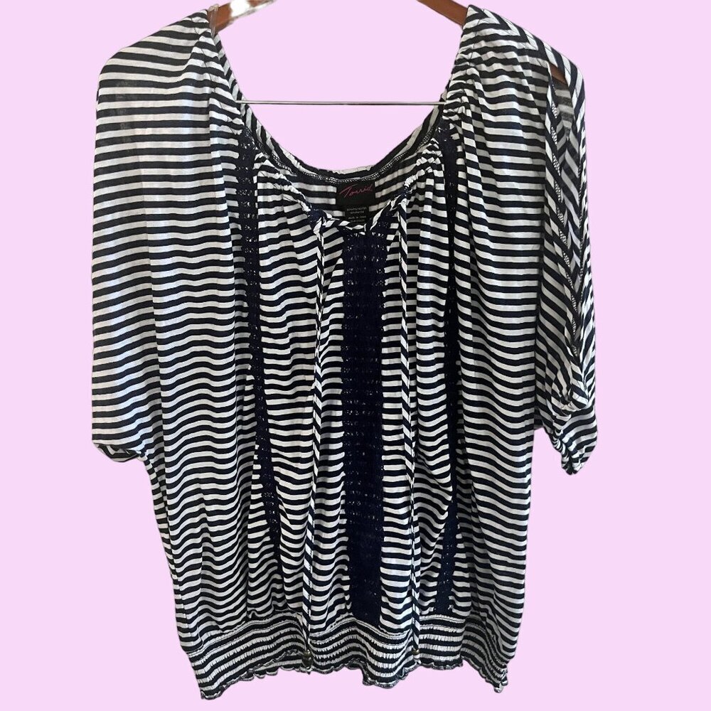 Torrid Blouse Womens 4 Blue White Peasant Style Short Split‎ Sleeve Top